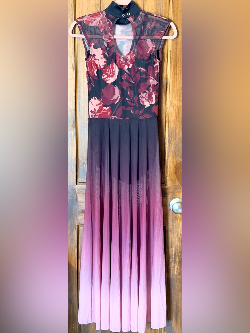 Weissman Floral Mesh Ombre Maxi Dress in Burgundy and Pink